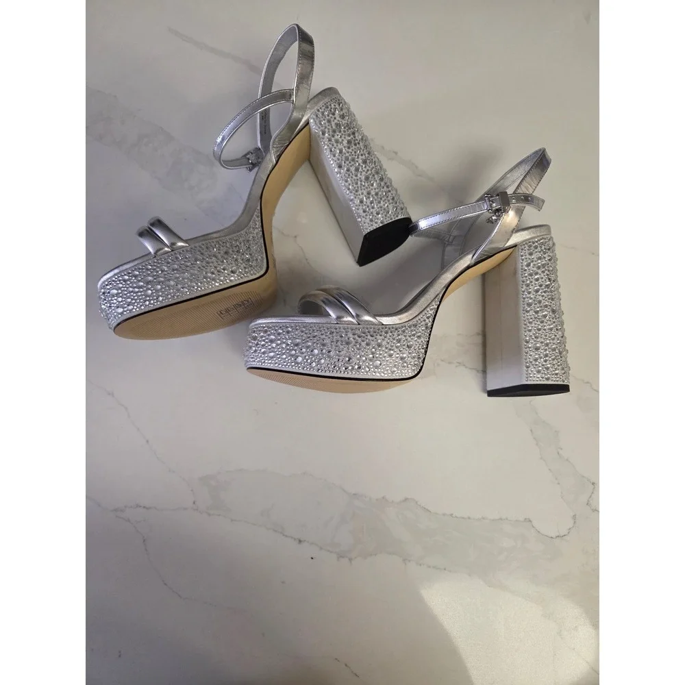 Michael Kors Silver Metallic Rhinestone Platform Block Heel Sandals Womens 9M